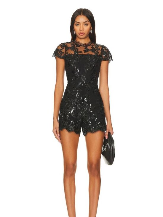 Alice + Olivia Pants - Alice + Olivia Alaina Black Lace Romper 6 NWT $550